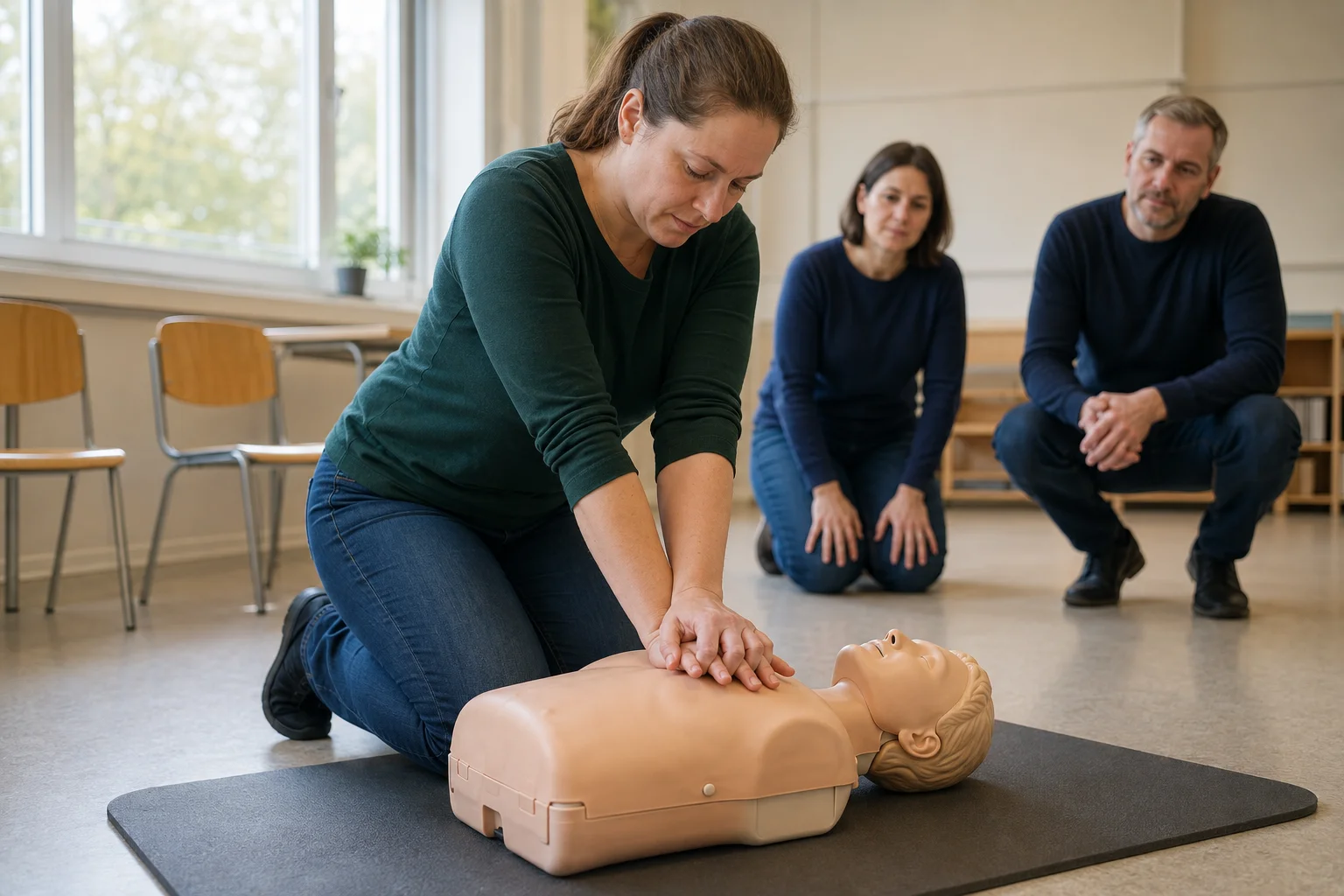 Illustrative image of an adult learner practising on a first aid training mannequin in a classroom